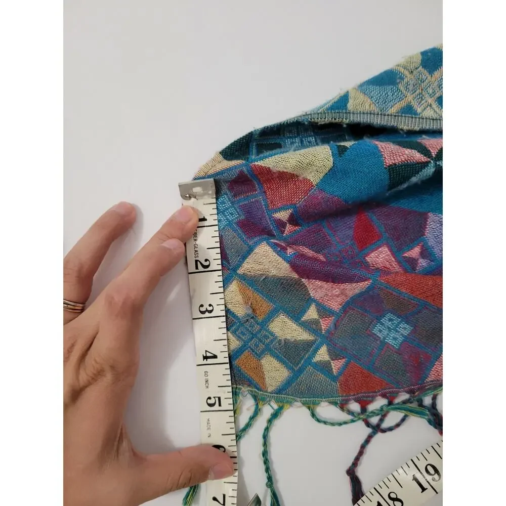 Womens Teal Geometric Scarf Multicolor Pinwheel Diamond Pattern Fringe Boho